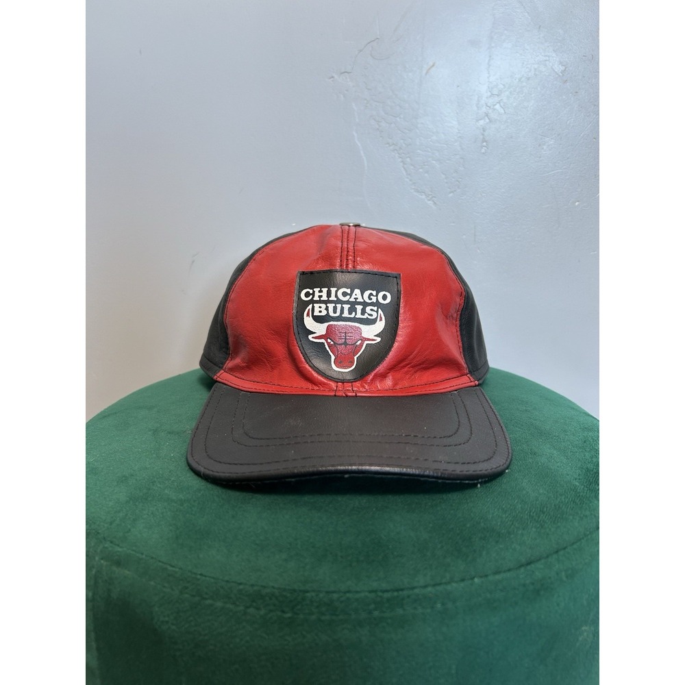 Vintage Chicago Bulls 100% Leather Hat Adjustable Strap Black Made In USA Unique